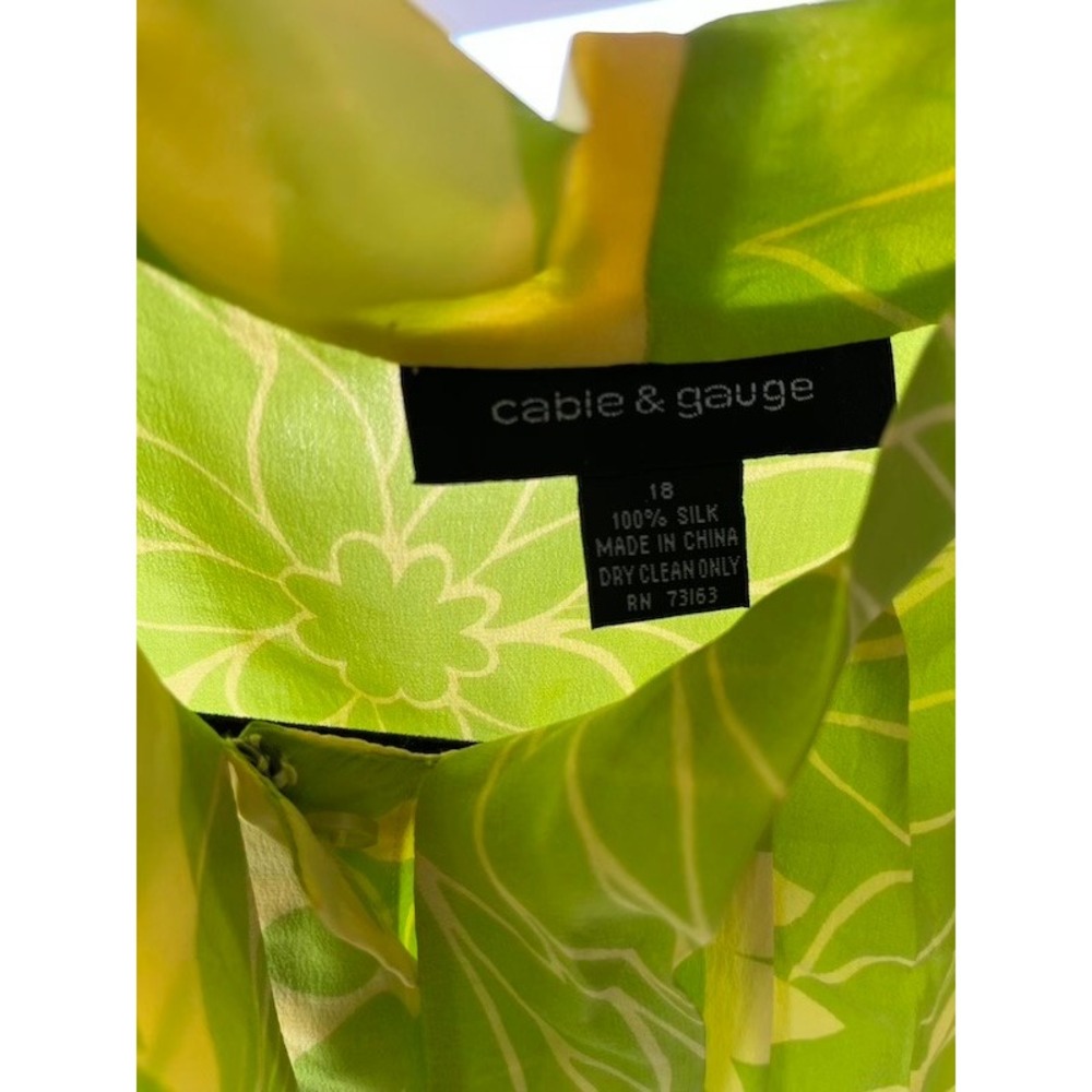 Cable & Gauge 100% Silk Floral Sleeveless Blouse Green Yellow Tie Mock Neck 18 - Picture 2 of 5